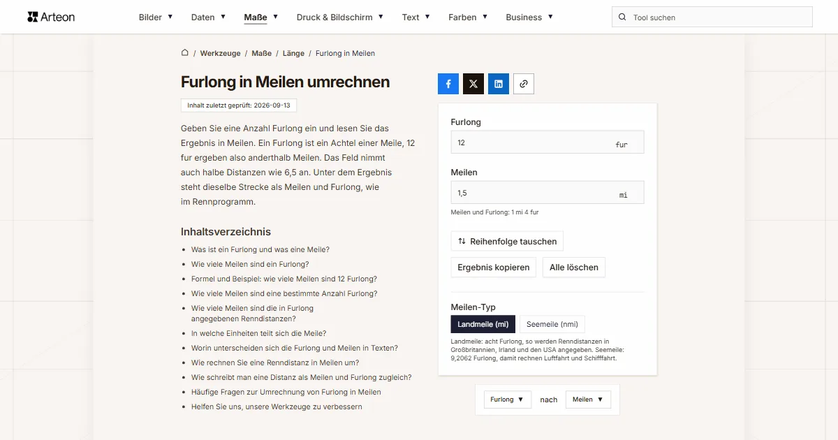 Screenshot des kostenlosen Arteon-Werkzeugs: Furlong in Meilen umrechnen