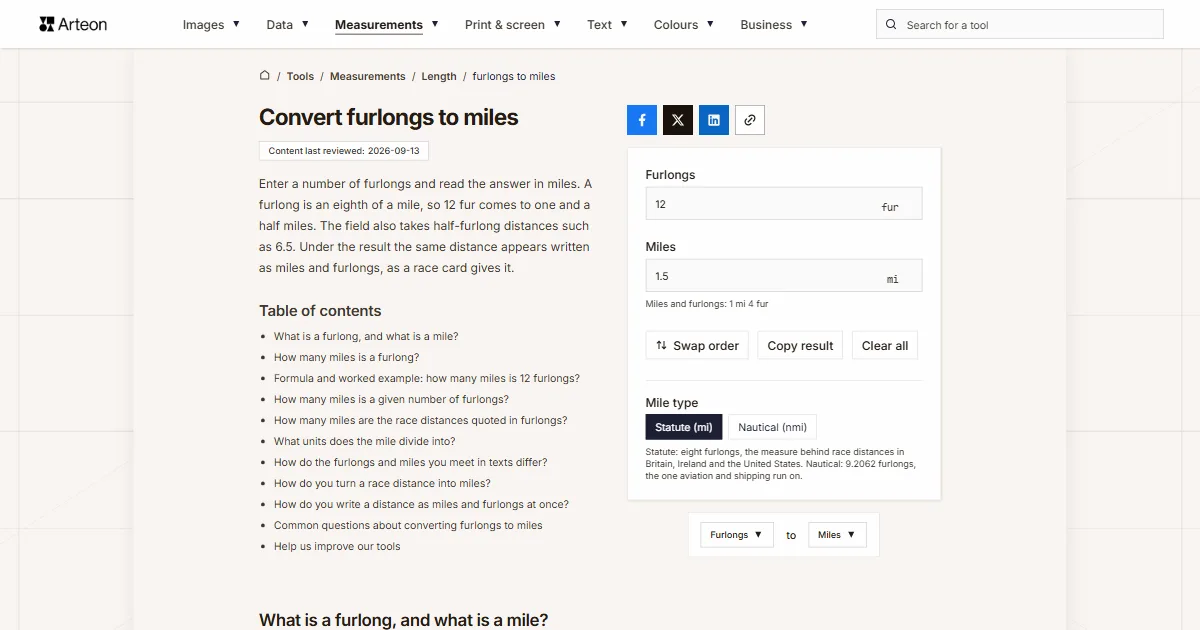 Arteon free tool screenshot: Convert furlongs to miles
