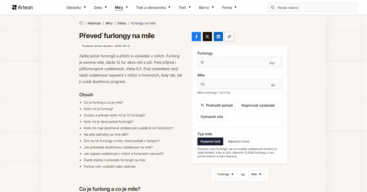 Snímek obrazovky bezplatného nástroje Arteon: Převeď furlongy na míle