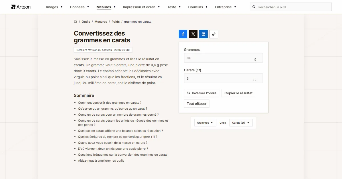 Capture d'écran de l'outil gratuit d'Arteon: Convertissez des grammes en carats