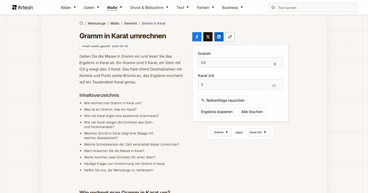 Screenshot des kostenlosen Arteon-Werkzeugs: Gramm in Karat umrechnen