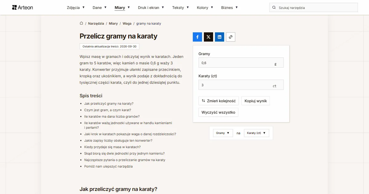 Zrzut ekranu darmowego narzędzia Arteon: Przelicz gramy na karaty
