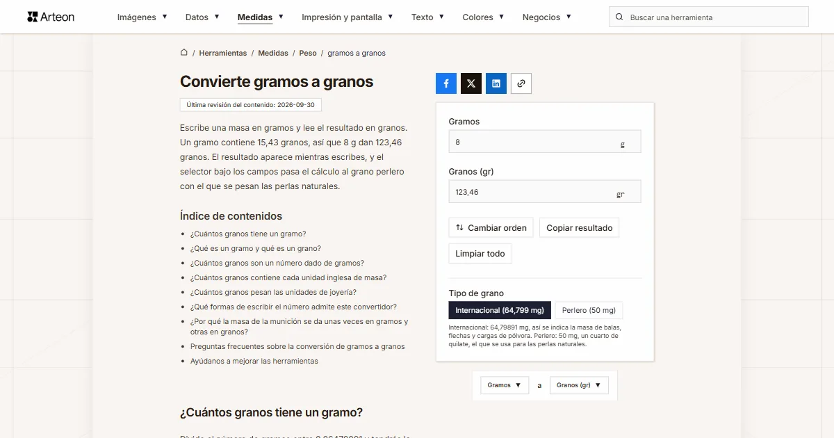 Captura de pantalla de la herramienta gratuita de Arteon: Convierte gramos a granos