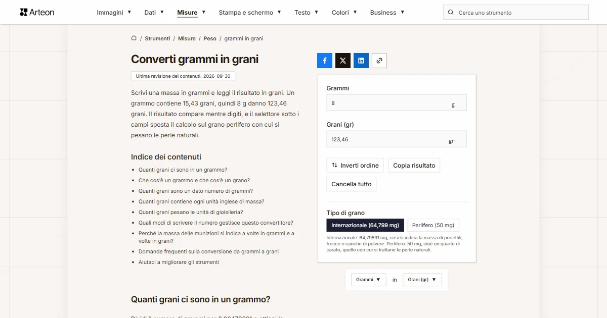 Screenshot dello strumento gratuito Arteon: Converti grammi in grani