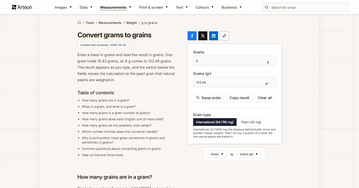 Arteon free tool screenshot: Convert grams to grains