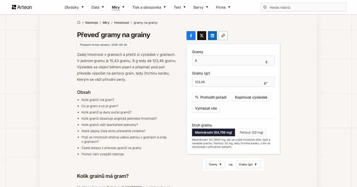 Snímek obrazovky bezplatného nástroje Arteon: Převeď gramy na grainy