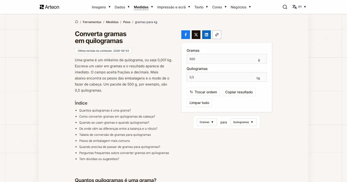 Captura de ecrã da ferramenta gratuita da Arteon: Converta gramas em quilogramas