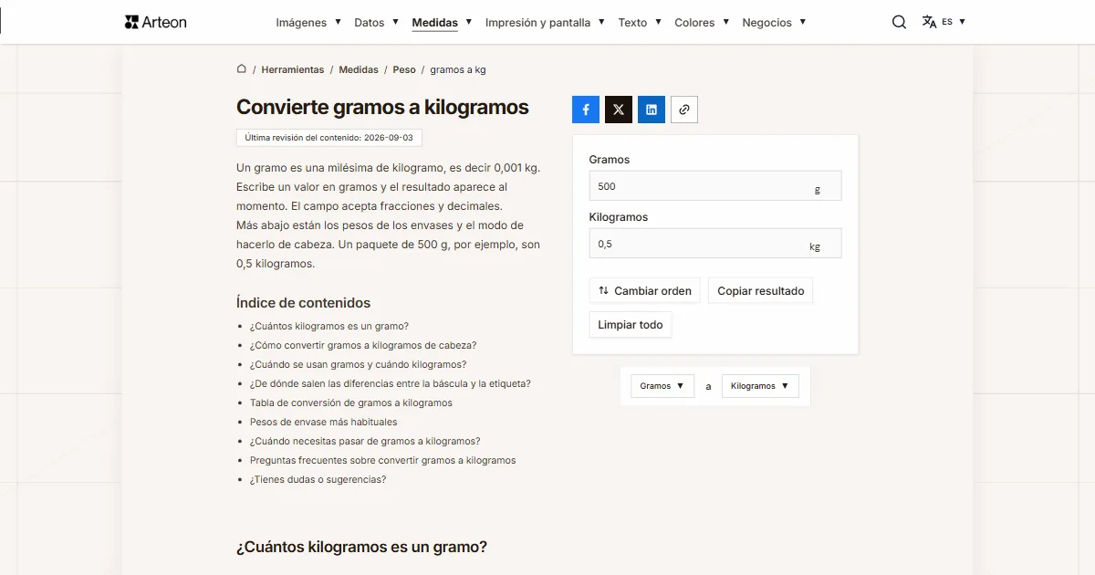 Captura de pantalla de la herramienta gratuita de Arteon: Convierte gramos a kilogramos