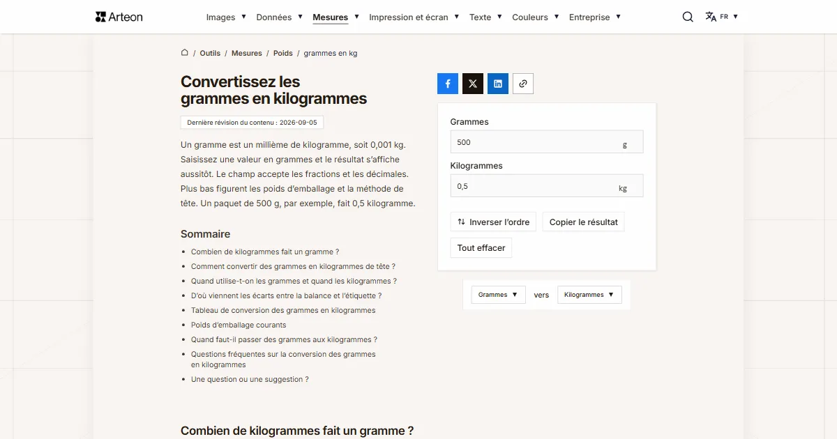 Capture d'écran de l'outil gratuit d'Arteon: Convertissez les grammes en kilogrammes