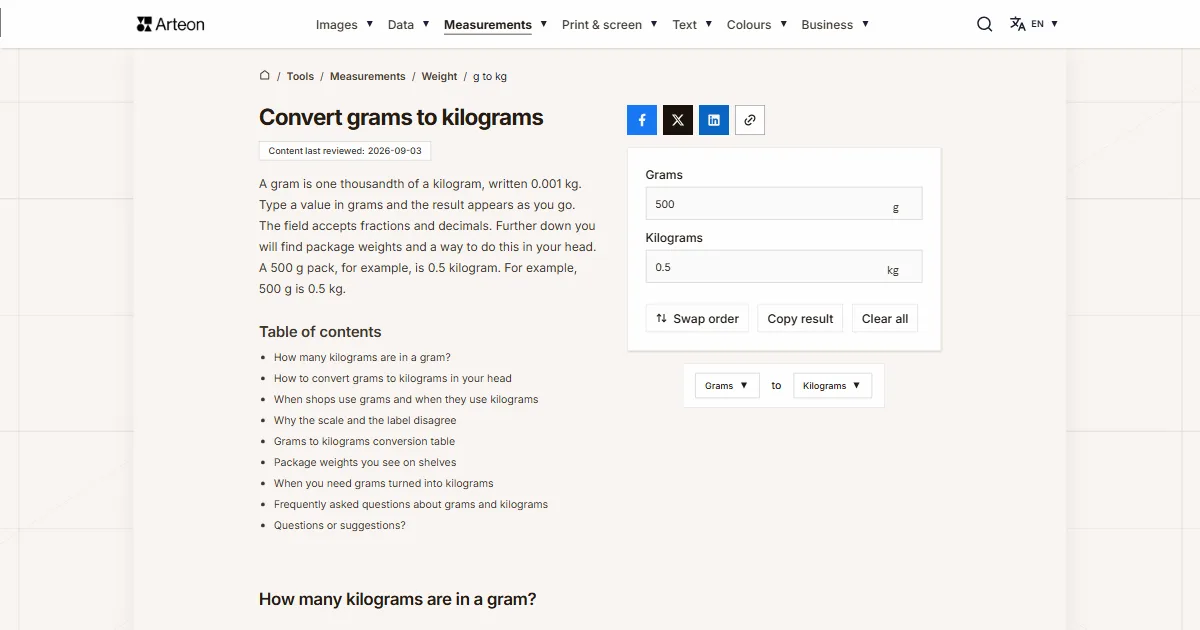 Arteon free tool screenshot: Convert grams to kilograms