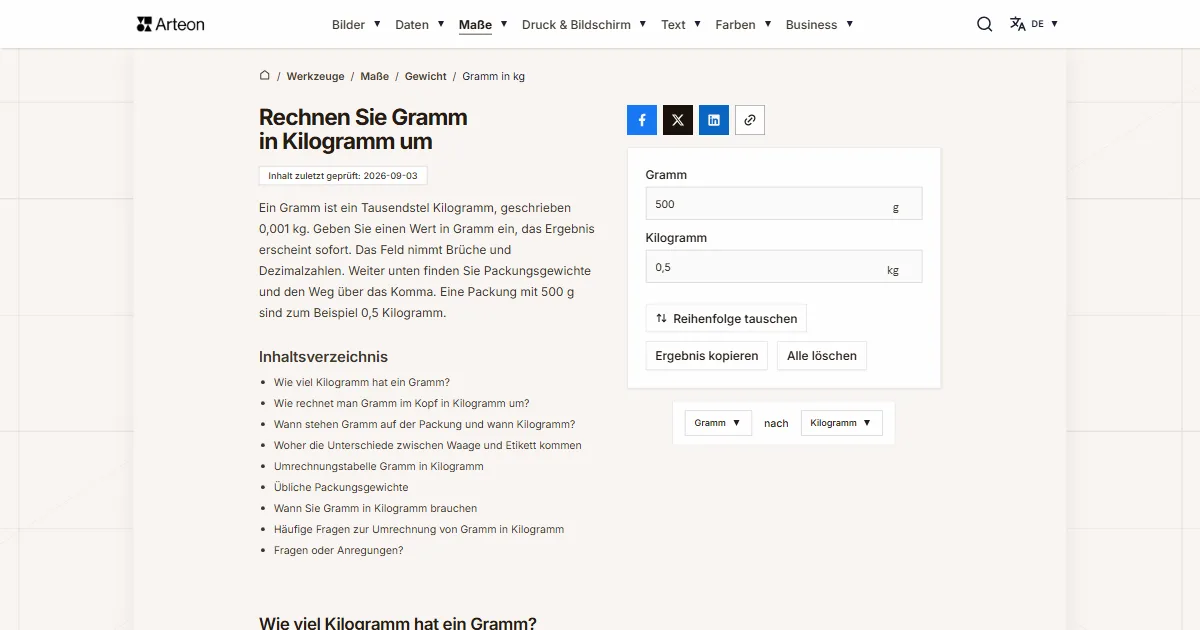 Screenshot des kostenlosen Arteon-Werkzeugs: Rechnen Sie Gramm in Kilogramm um