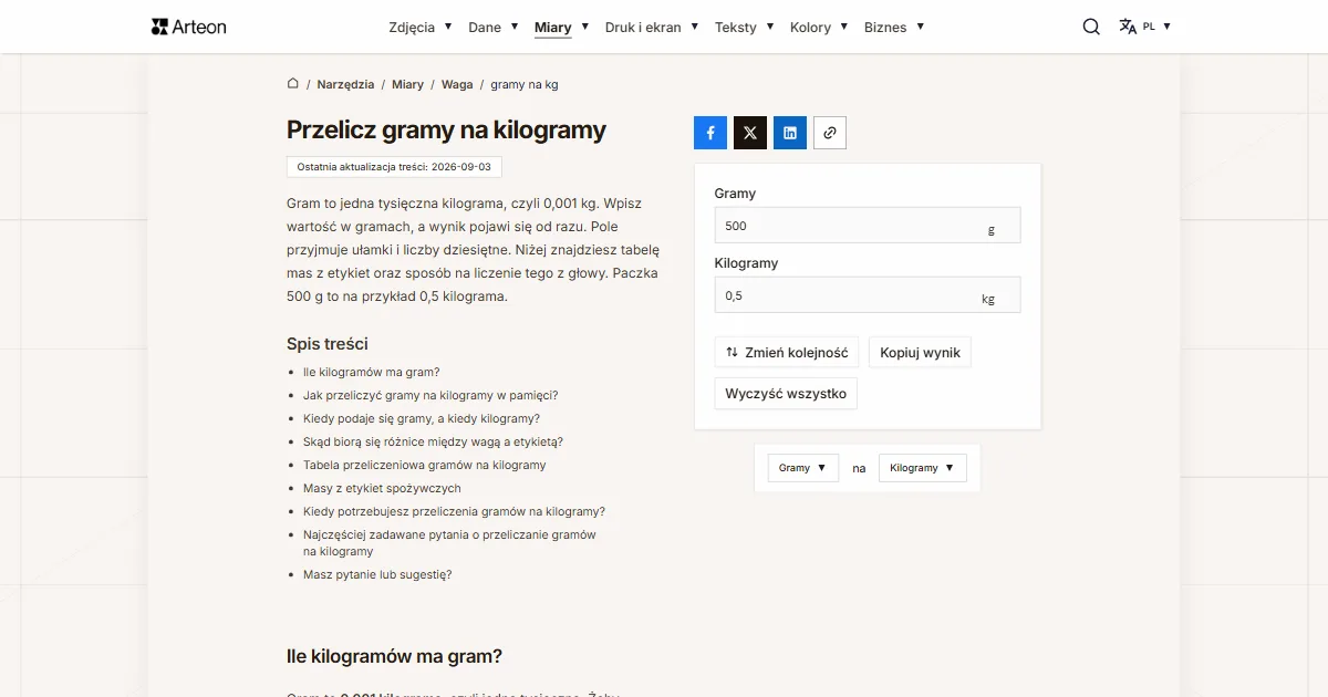 Zrzut ekranu darmowego narzędzia Arteon: Przelicz gramy na kilogramy