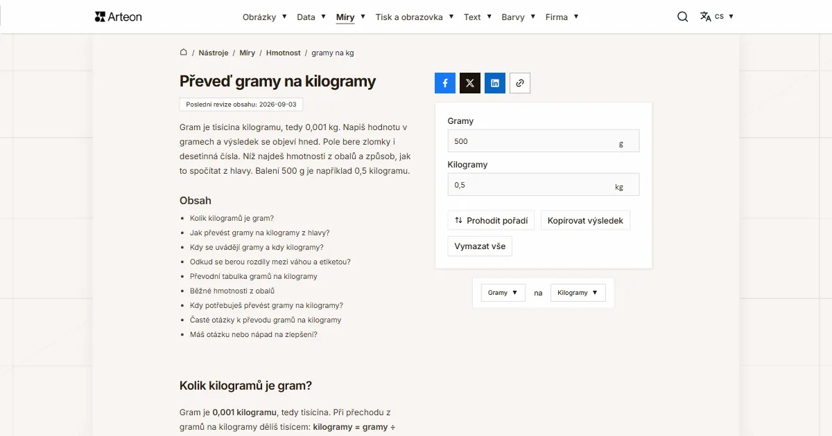 Snímek obrazovky bezplatného nástroje Arteon: Převeď gramy na kilogramy