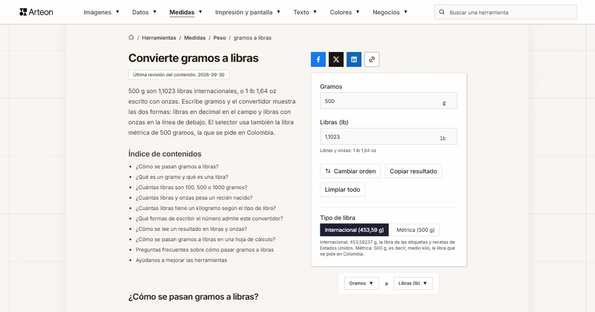 Captura de pantalla de la herramienta gratuita de Arteon: Convierte gramos a libras