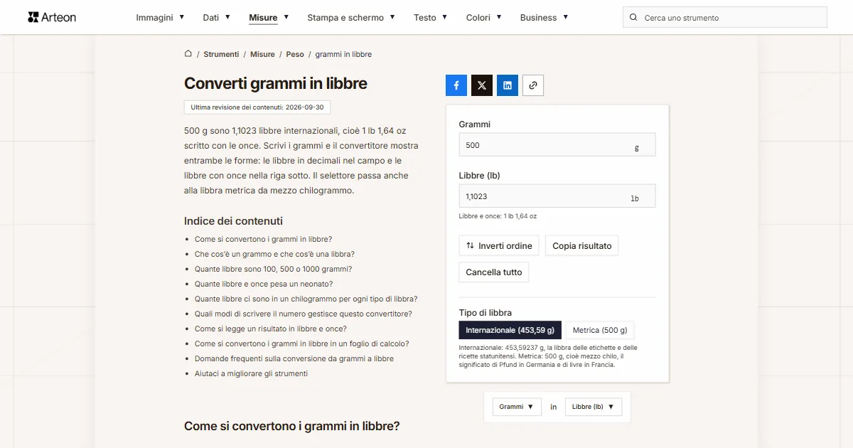 Screenshot dello strumento gratuito Arteon: Converti grammi in libbre