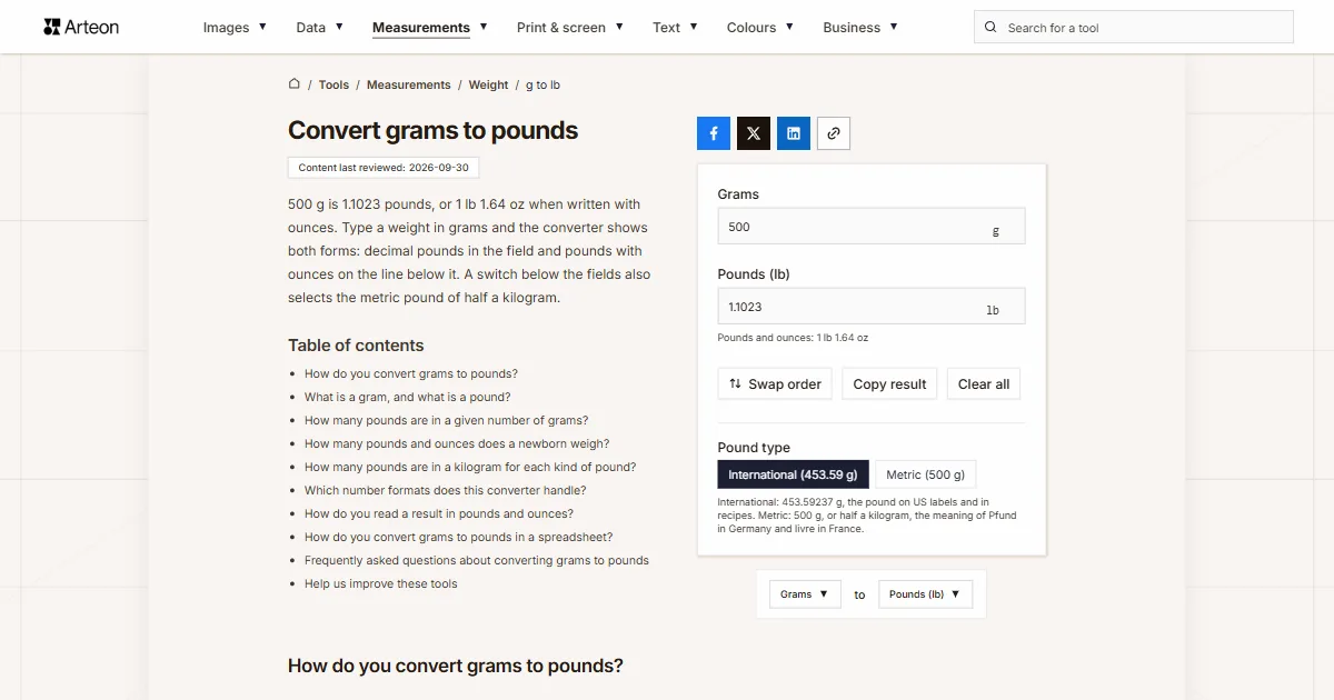 Arteon free tool screenshot: Convert grams to pounds