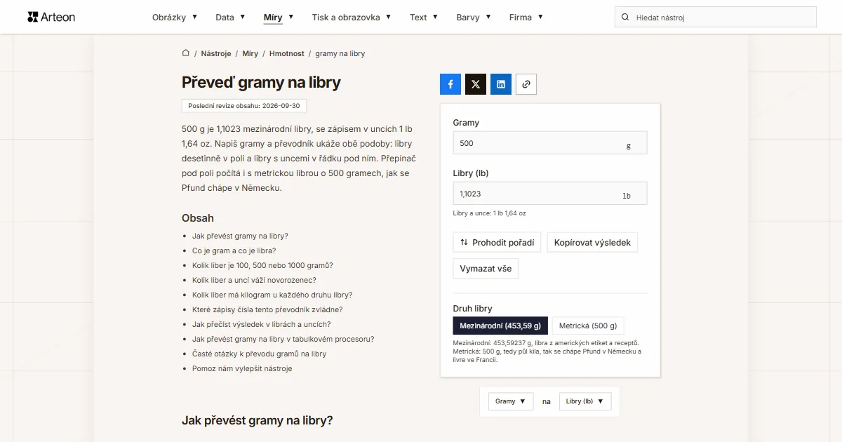 Snímek obrazovky bezplatného nástroje Arteon: Převeď gramy na libry