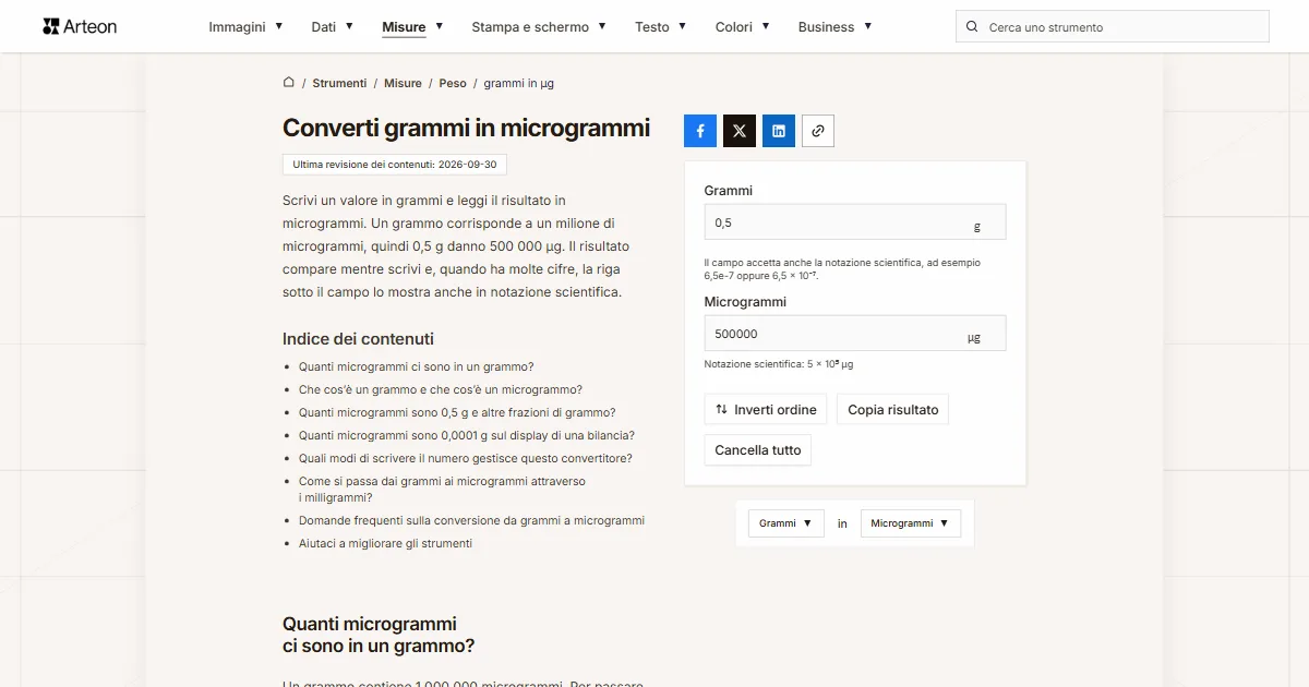 Screenshot dello strumento gratuito Arteon: Converti grammi in microgrammi
