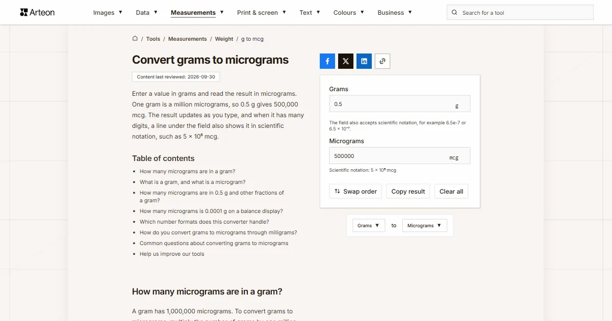 Arteon free tool screenshot: Convert grams to micrograms