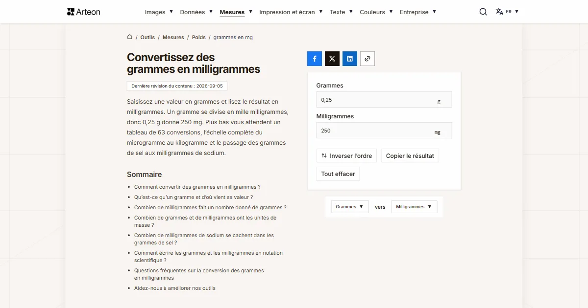 Capture d'écran de l'outil gratuit d'Arteon: Convertissez des grammes en milligrammes