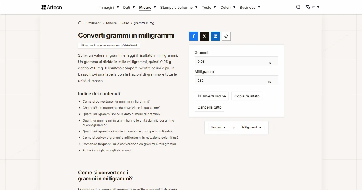 Screenshot dello strumento gratuito Arteon: Converti grammi in milligrammi