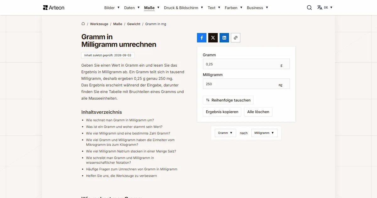 Screenshot des kostenlosen Arteon-Werkzeugs: Gramm in Milligramm umrechnen