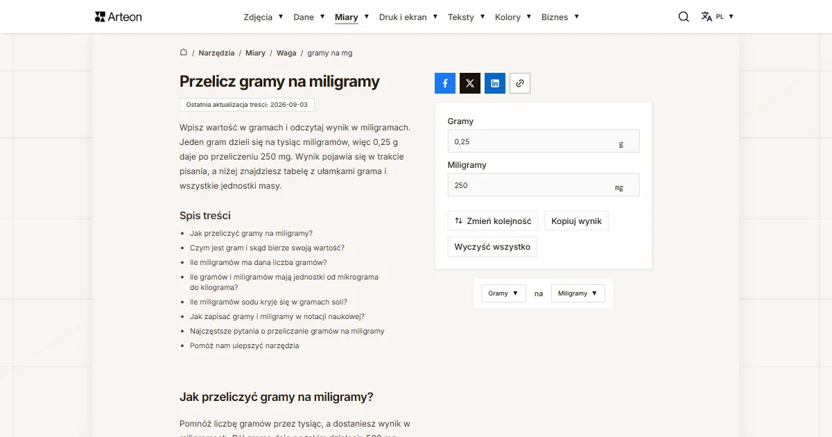 Zrzut ekranu darmowego narzędzia Arteon: Przelicz gramy na miligramy