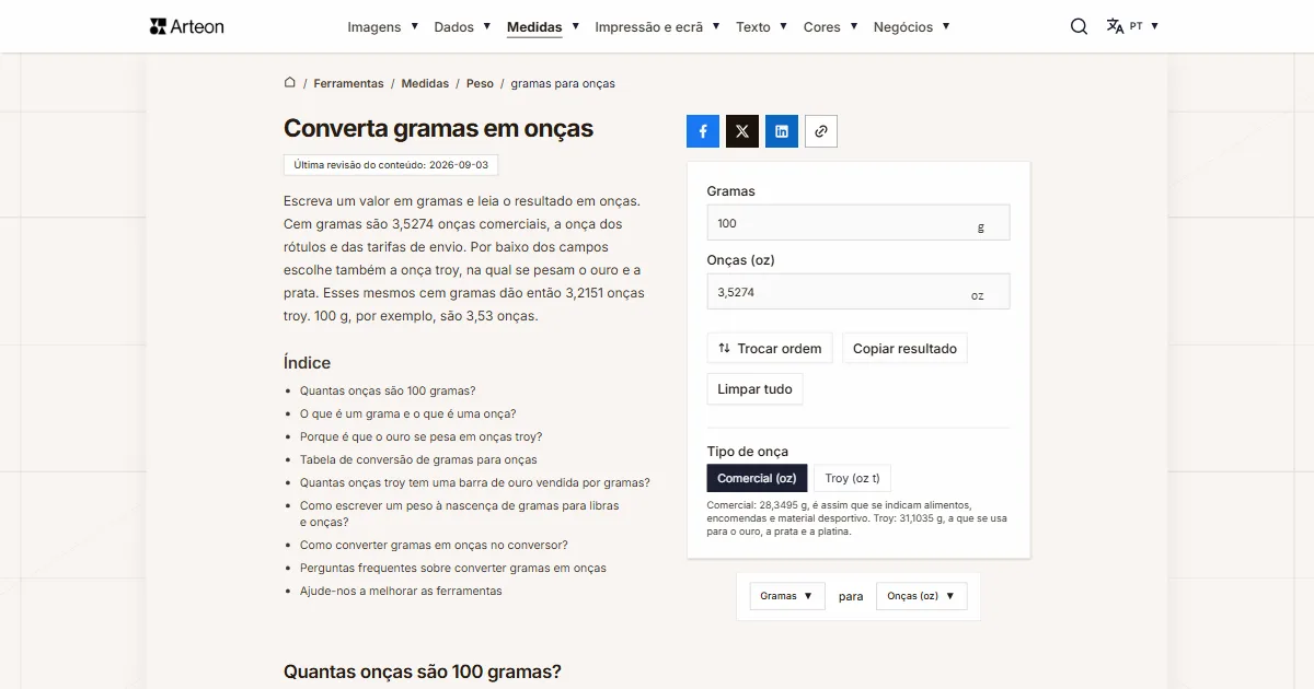 Captura de ecrã da ferramenta gratuita da Arteon: Converta gramas em onças