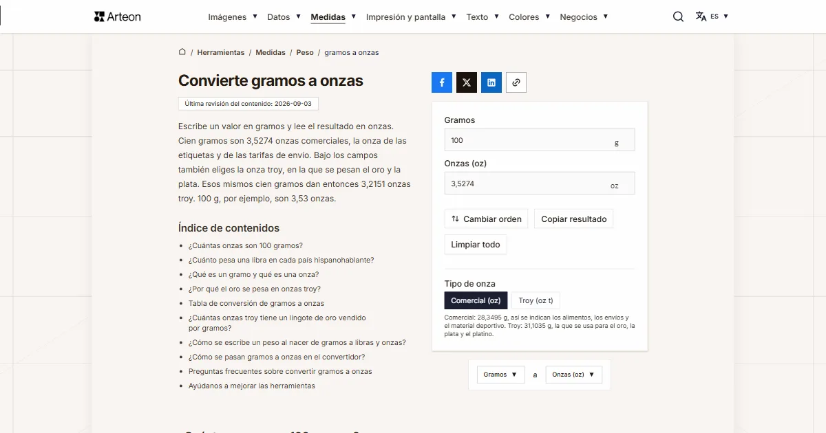 Captura de pantalla de la herramienta gratuita de Arteon: Convierte gramos a onzas