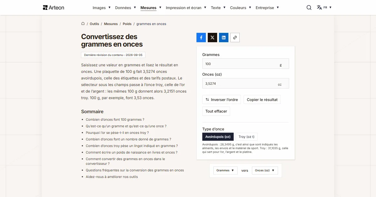 Capture d'écran de l'outil gratuit d'Arteon: Convertissez des grammes en onces