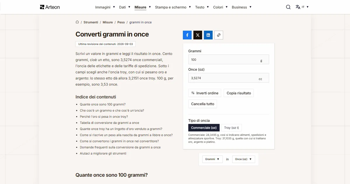 Screenshot dello strumento gratuito Arteon: Converti grammi in once