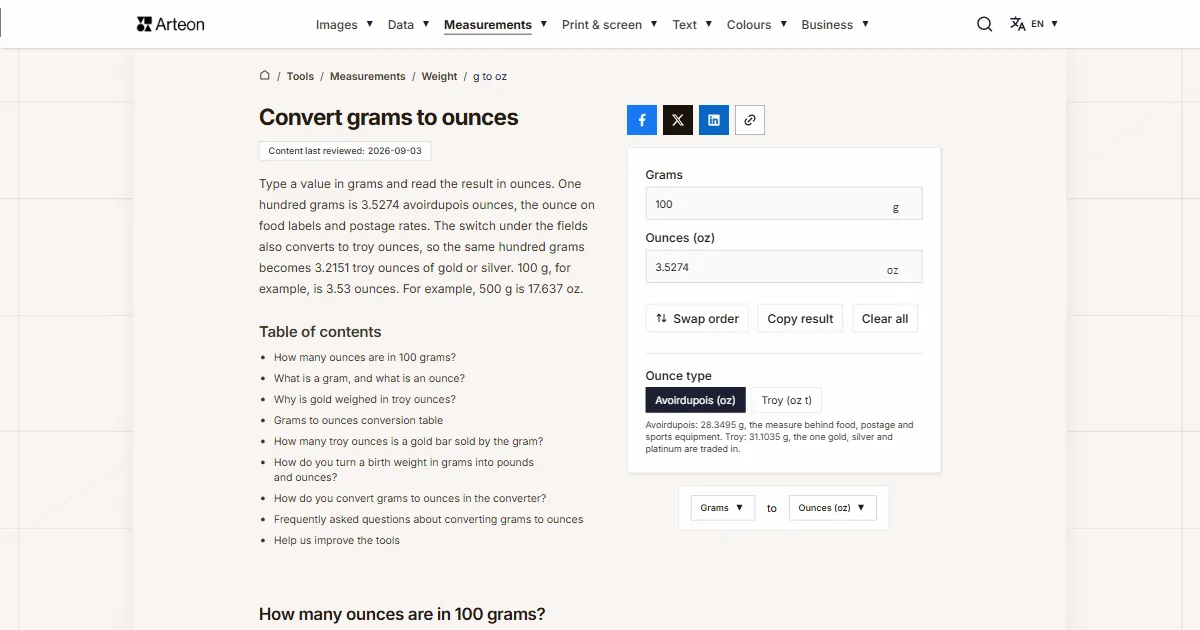 Arteon free tool screenshot: Convert grams to ounces