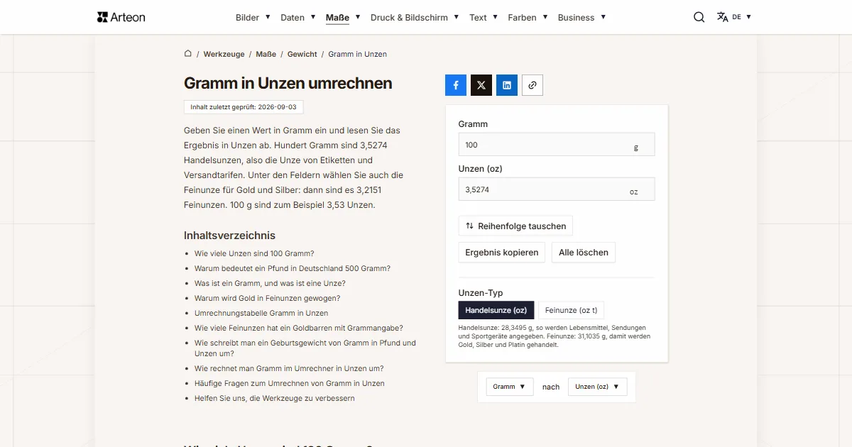 Screenshot des kostenlosen Arteon-Werkzeugs: Gramm in Unzen umrechnen