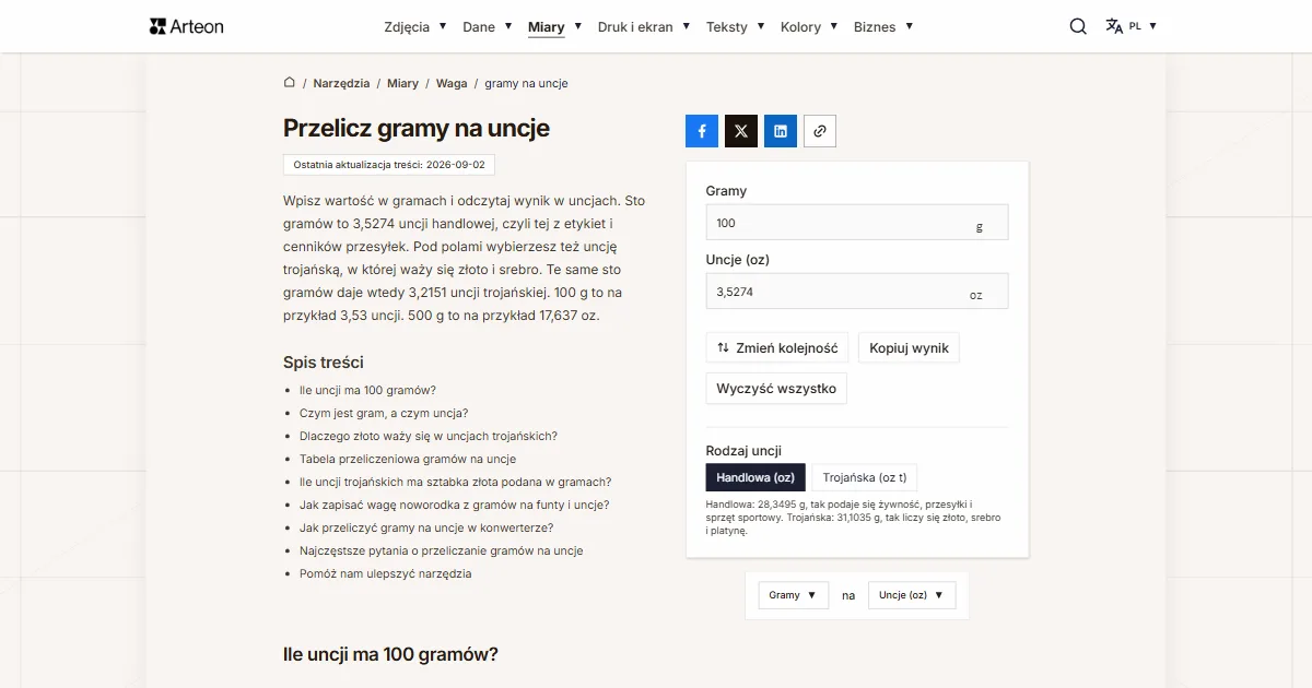 Zrzut ekranu darmowego narzędzia Arteon: Przelicz gramy na uncje