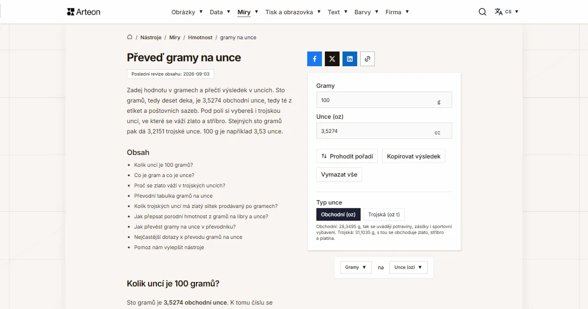 Snímek obrazovky bezplatného nástroje Arteon: Převeď gramy na unce