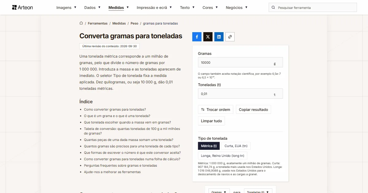 Captura de ecrã da ferramenta gratuita da Arteon: Converta gramas para toneladas