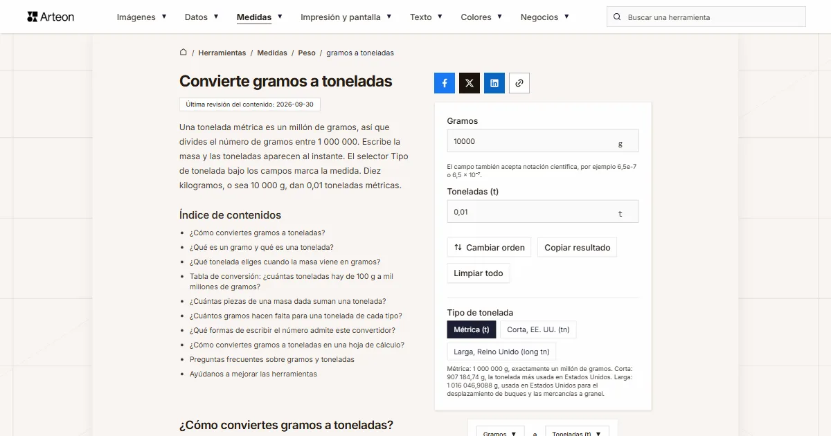Captura de pantalla de la herramienta gratuita de Arteon: Convierte gramos a toneladas