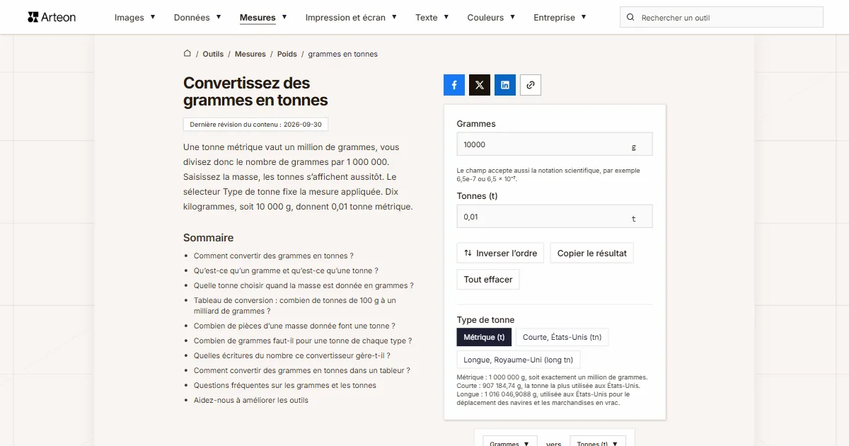 Capture d'écran de l'outil gratuit d'Arteon: Convertissez des grammes en tonnes