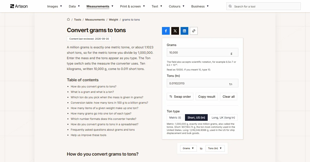 Arteon free tool screenshot: Convert grams to tons