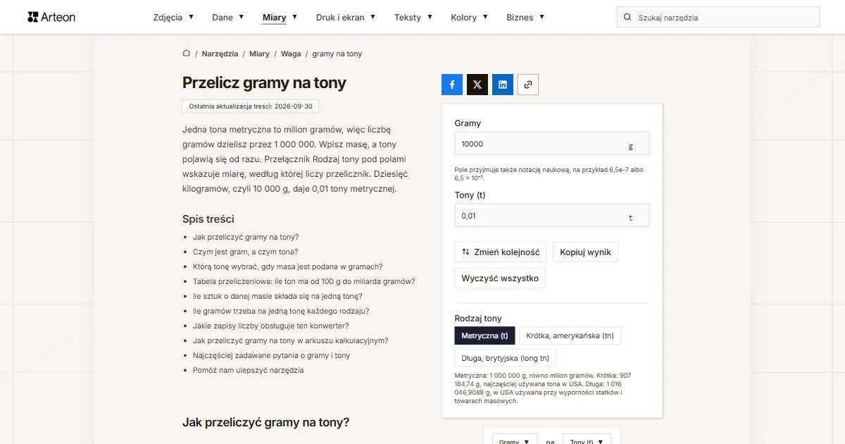 Zrzut ekranu darmowego narzędzia Arteon: Przelicz gramy na tony