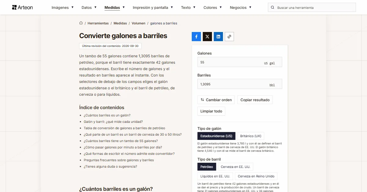 Captura de pantalla de la herramienta gratuita de Arteon: Convierte galones a barriles