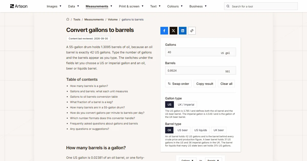 Arteon free tool screenshot: Convert gallons to barrels