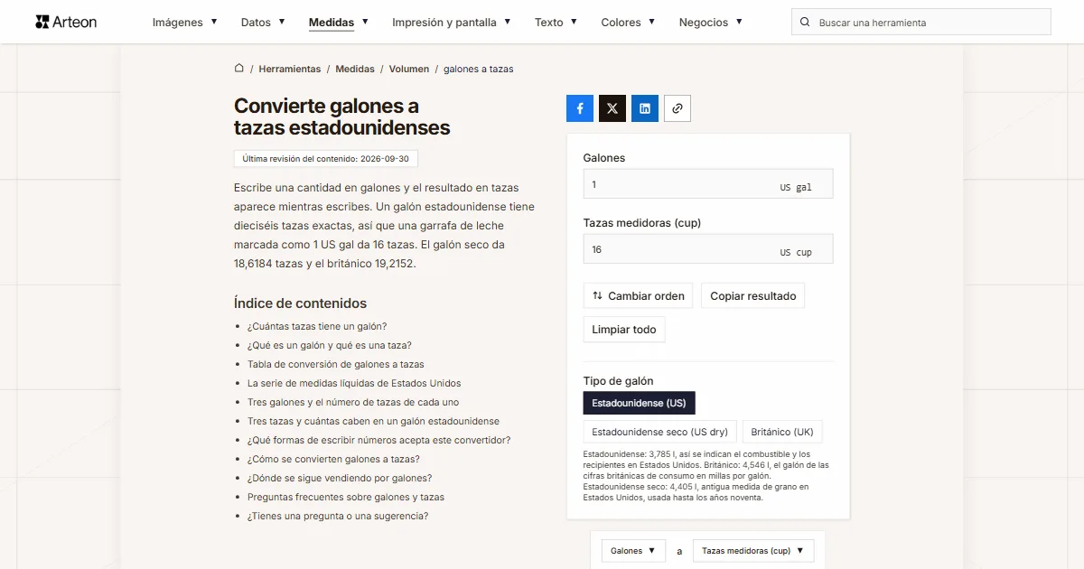 Captura de pantalla de la herramienta gratuita de Arteon: Convierte galones a tazas estadounidenses