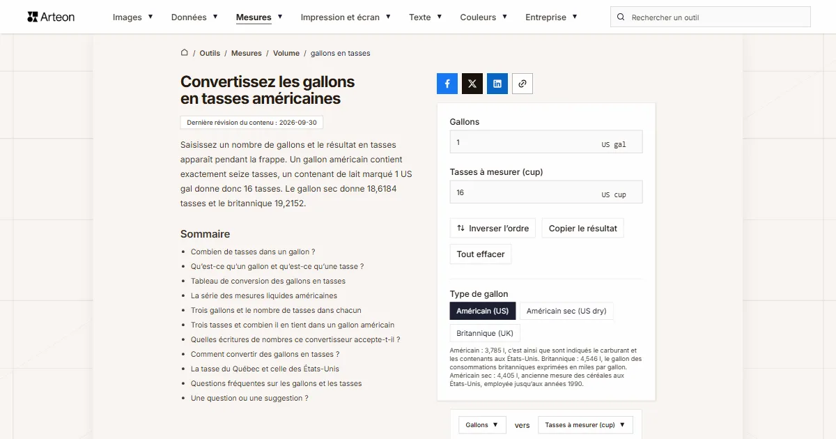 Capture d'écran de l'outil gratuit d'Arteon: Convertissez les gallons en tasses américaines