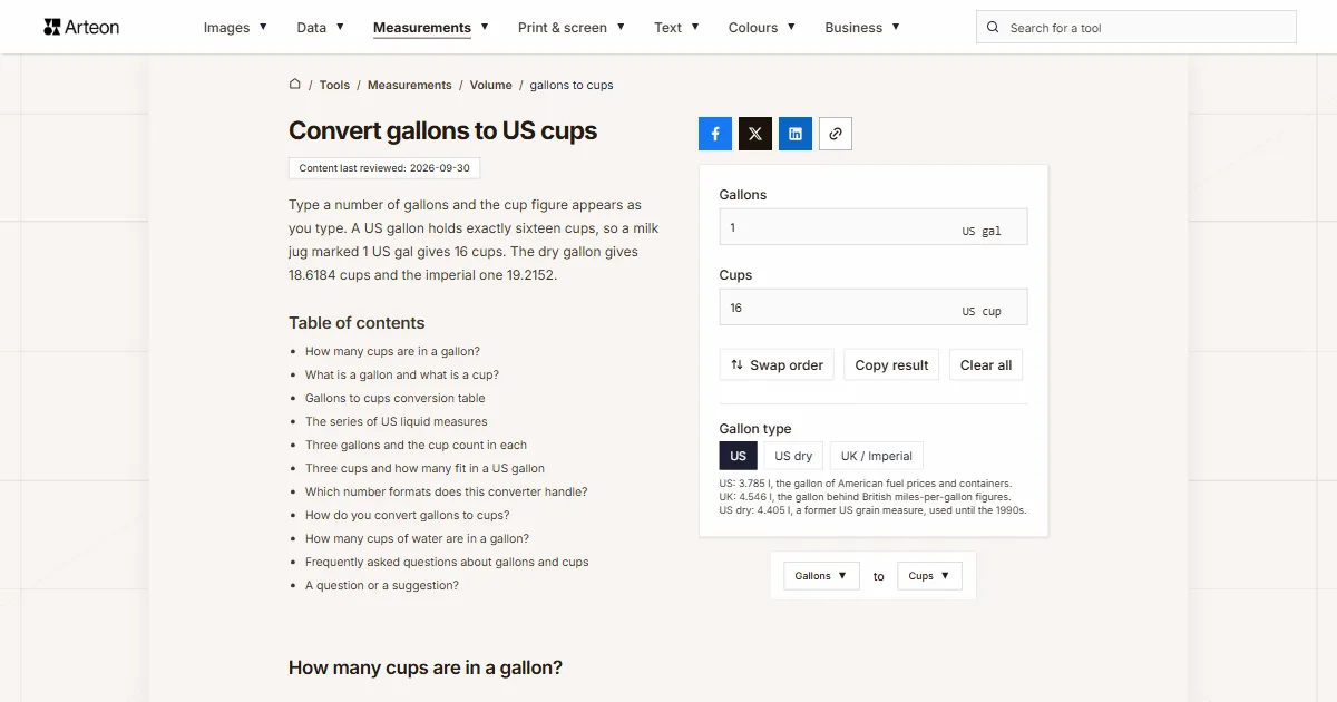 Arteon free tool screenshot: Convert gallons to US cups
