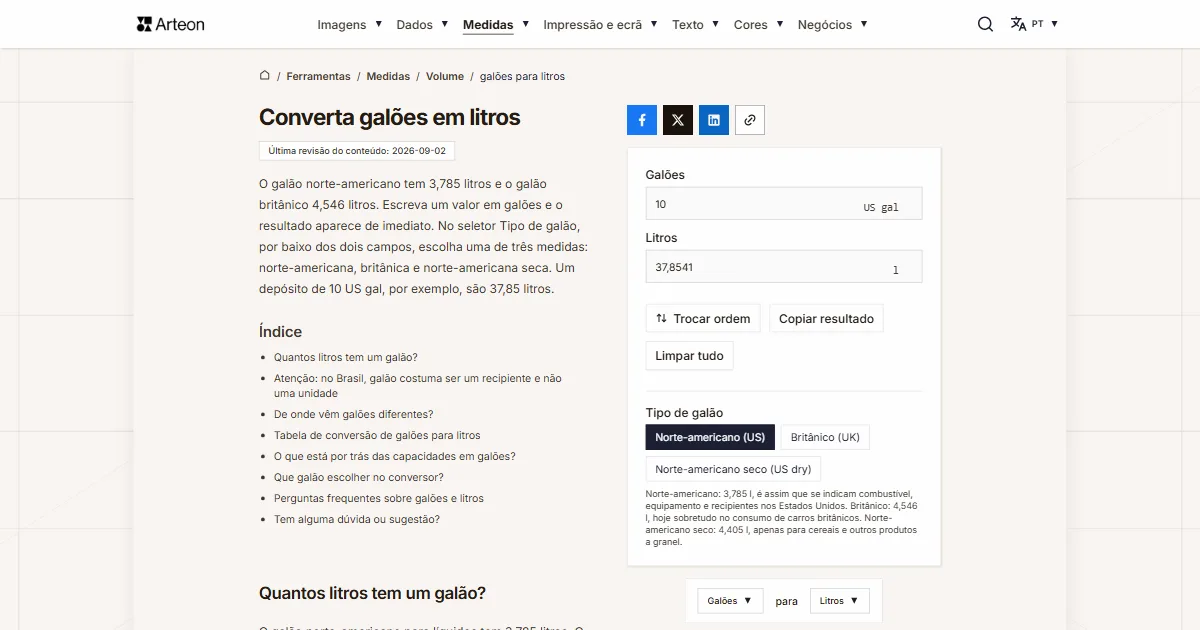 Captura de ecrã da ferramenta gratuita da Arteon: Converta galões em litros