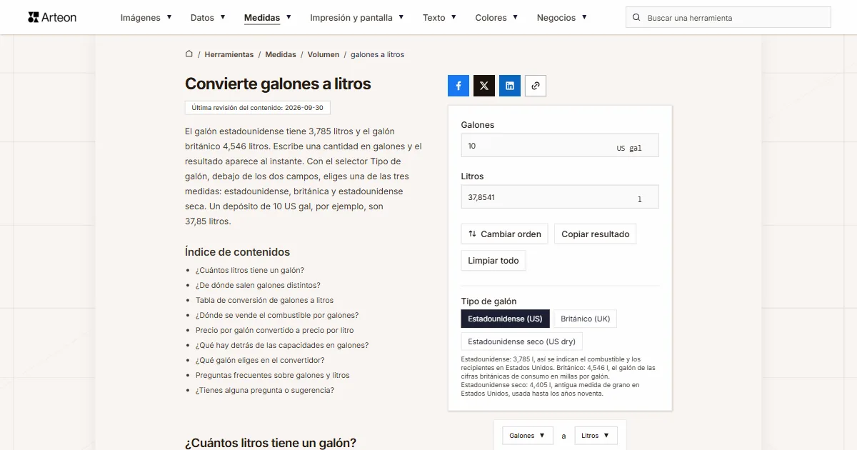 Captura de pantalla de la herramienta gratuita de Arteon: Convierte galones a litros