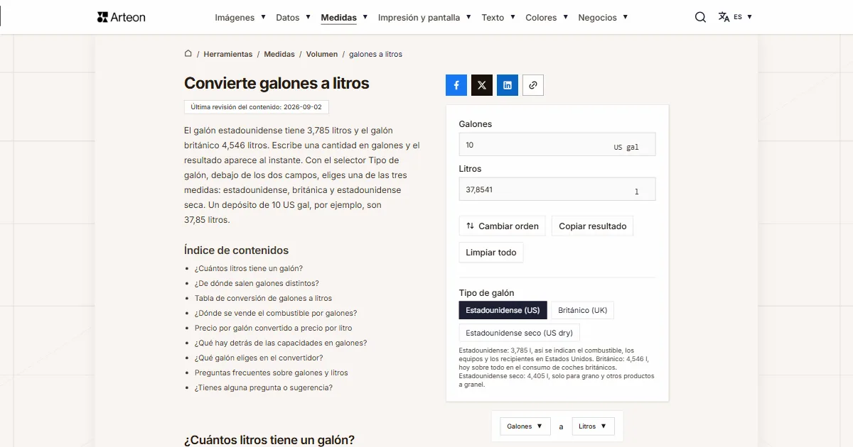 Captura de pantalla de la herramienta gratuita de Arteon: Convierte galones a litros