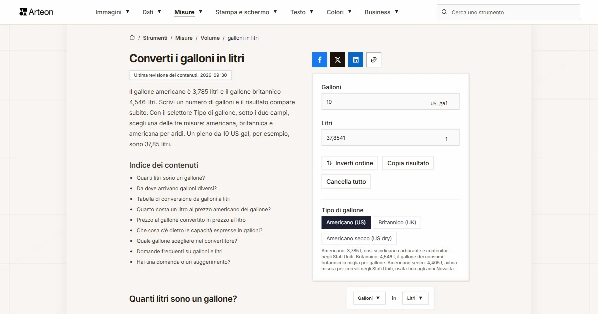Screenshot dello strumento gratuito Arteon: Converti i galloni in litri