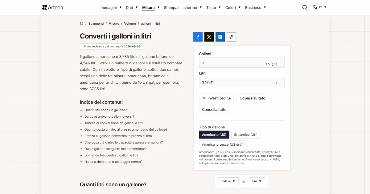 Screenshot dello strumento gratuito Arteon: Converti i galloni in litri